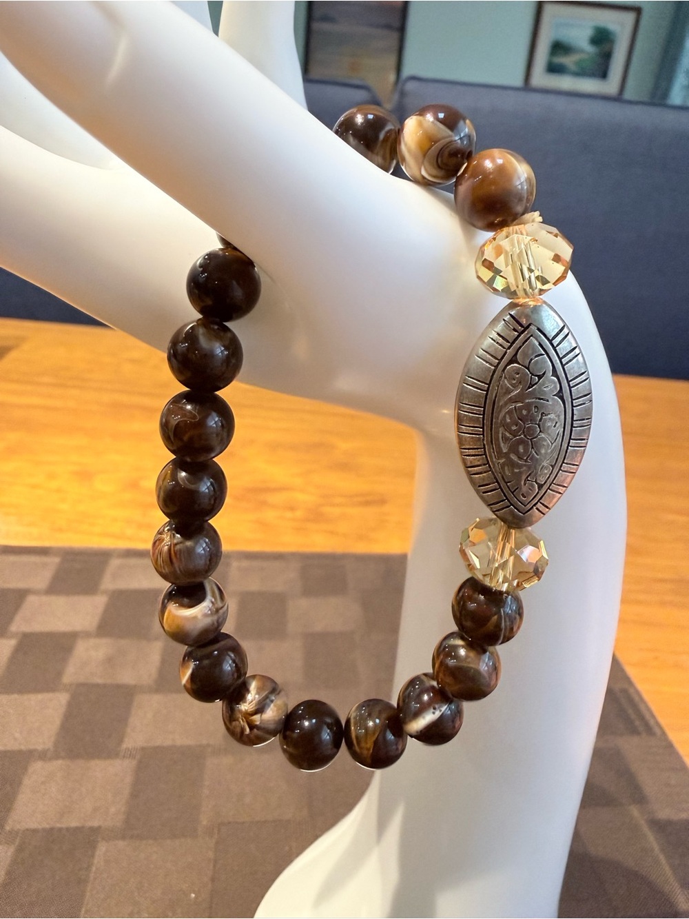 Earth Tone Beaded Stretch Bracelet with Silver Accent